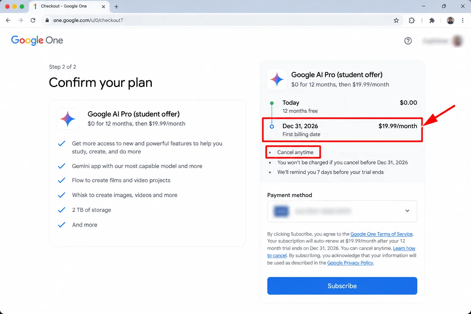 The checkout screen listing the renewal price and first billing date, personal details blurred