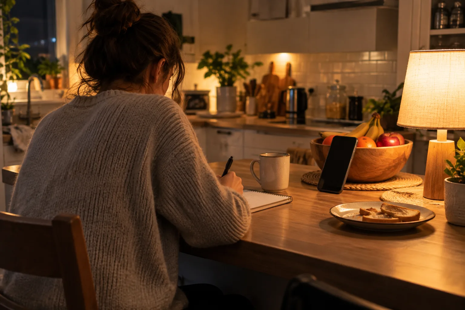 A person seen from behind at a kitchen counter at night with a phone propped against a fruit bowl