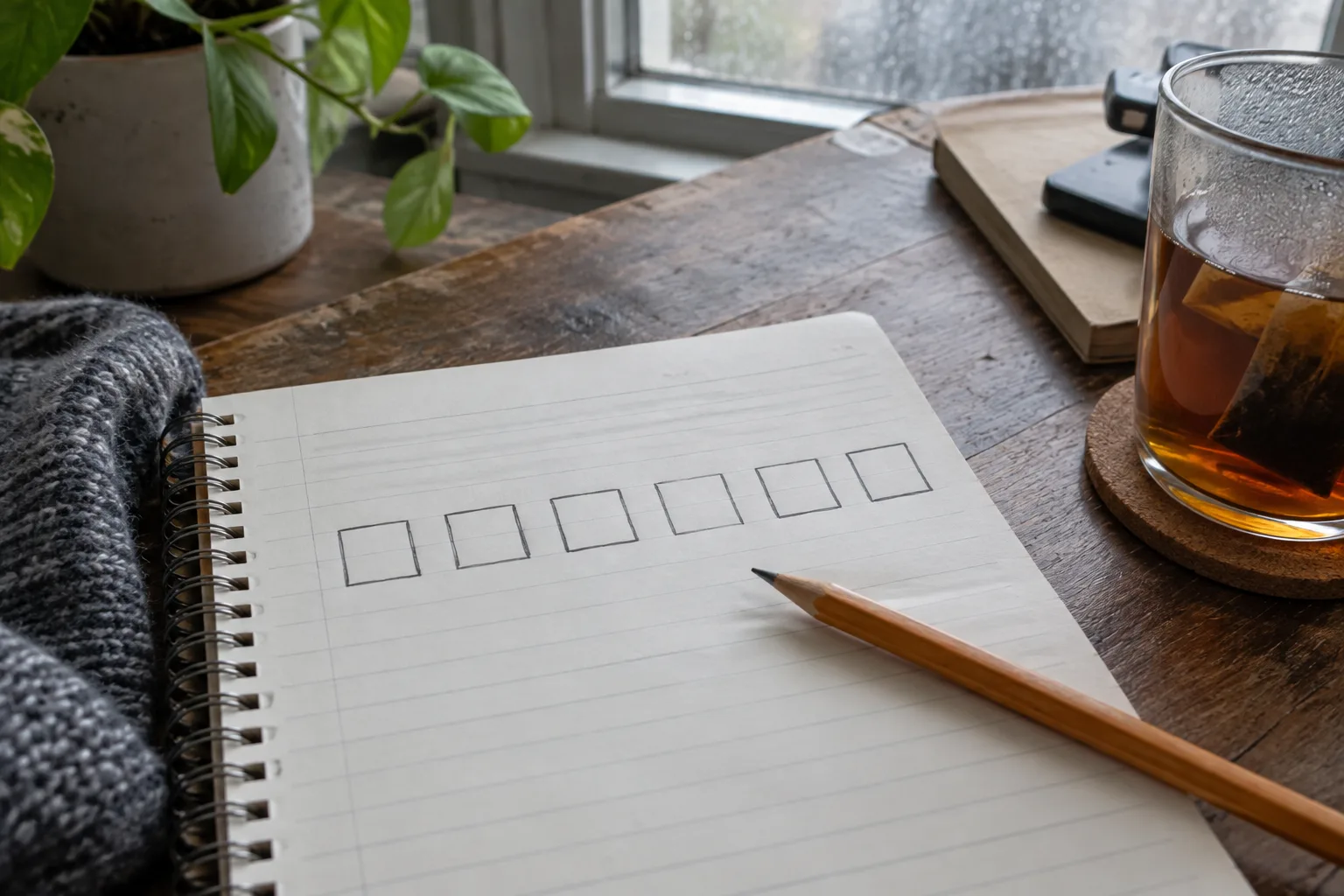 A pencil resting on a notebook page with a hand-drawn row of seven empty boxes beside a cold cup of tea