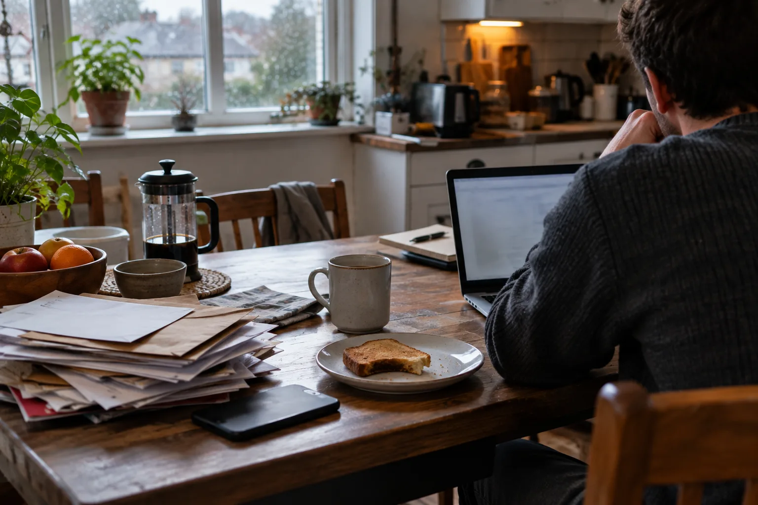 Person seen from behind at a cluttered kitchen table with a laptop open, grey morning light