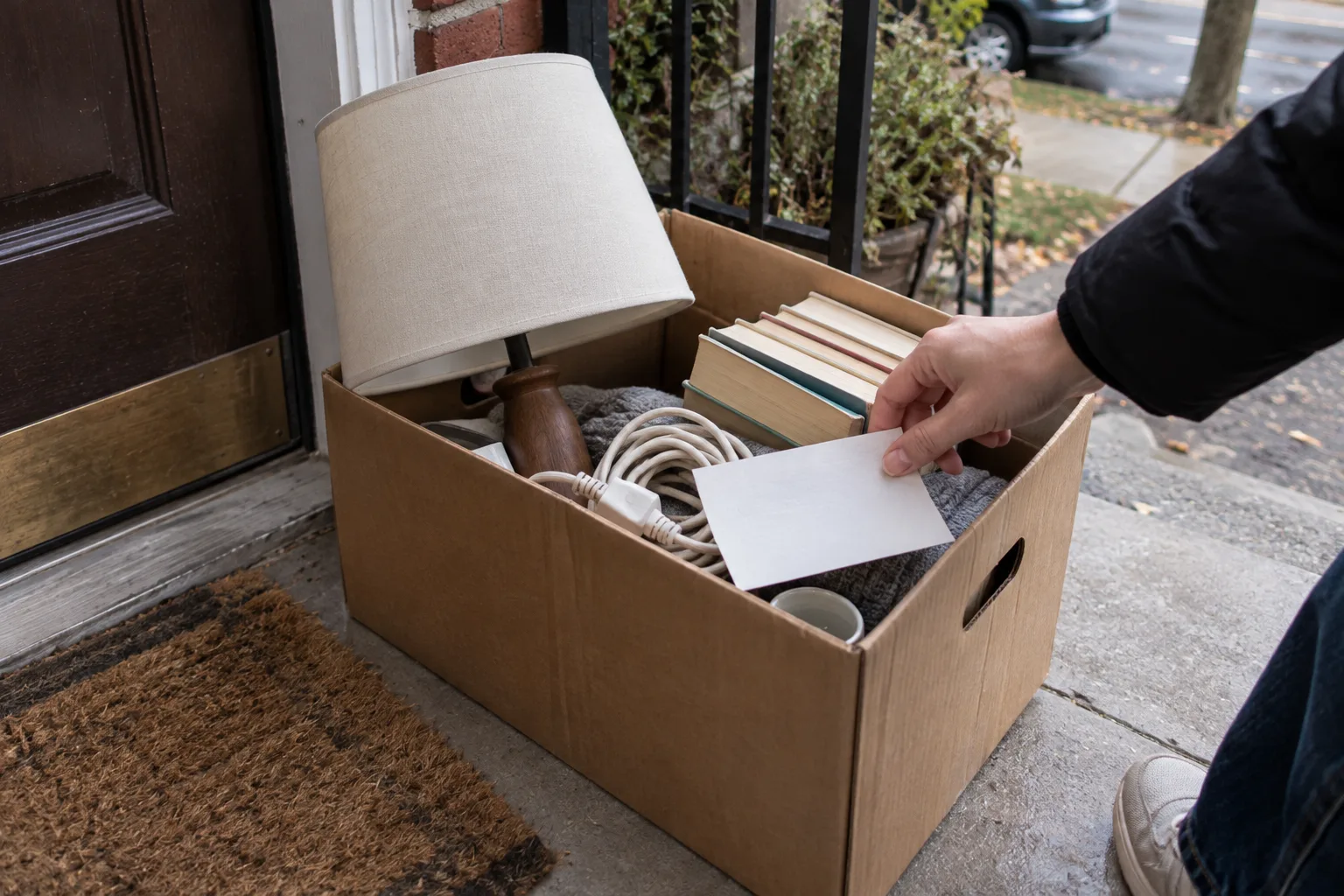 A cardboard box on a doorstep holding a lamp, paperbacks and a coiled cord, a hand setting a note on top