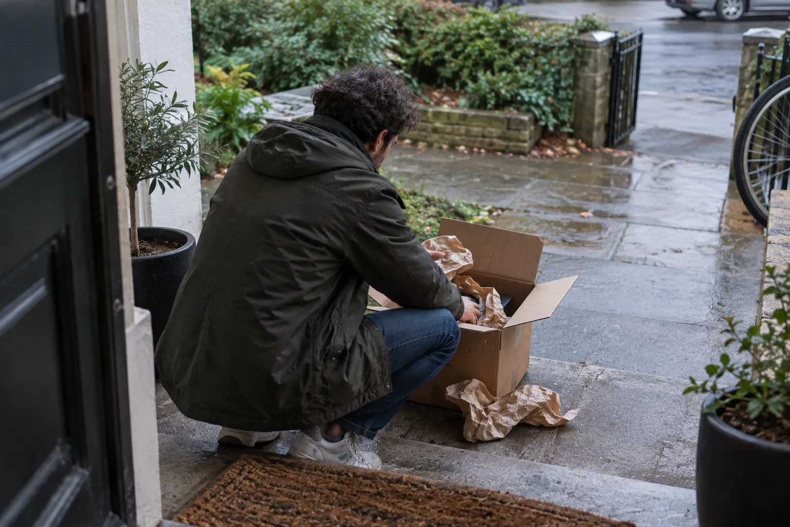 A person seen from behind opening a battered cardboard parcel on a wet front step