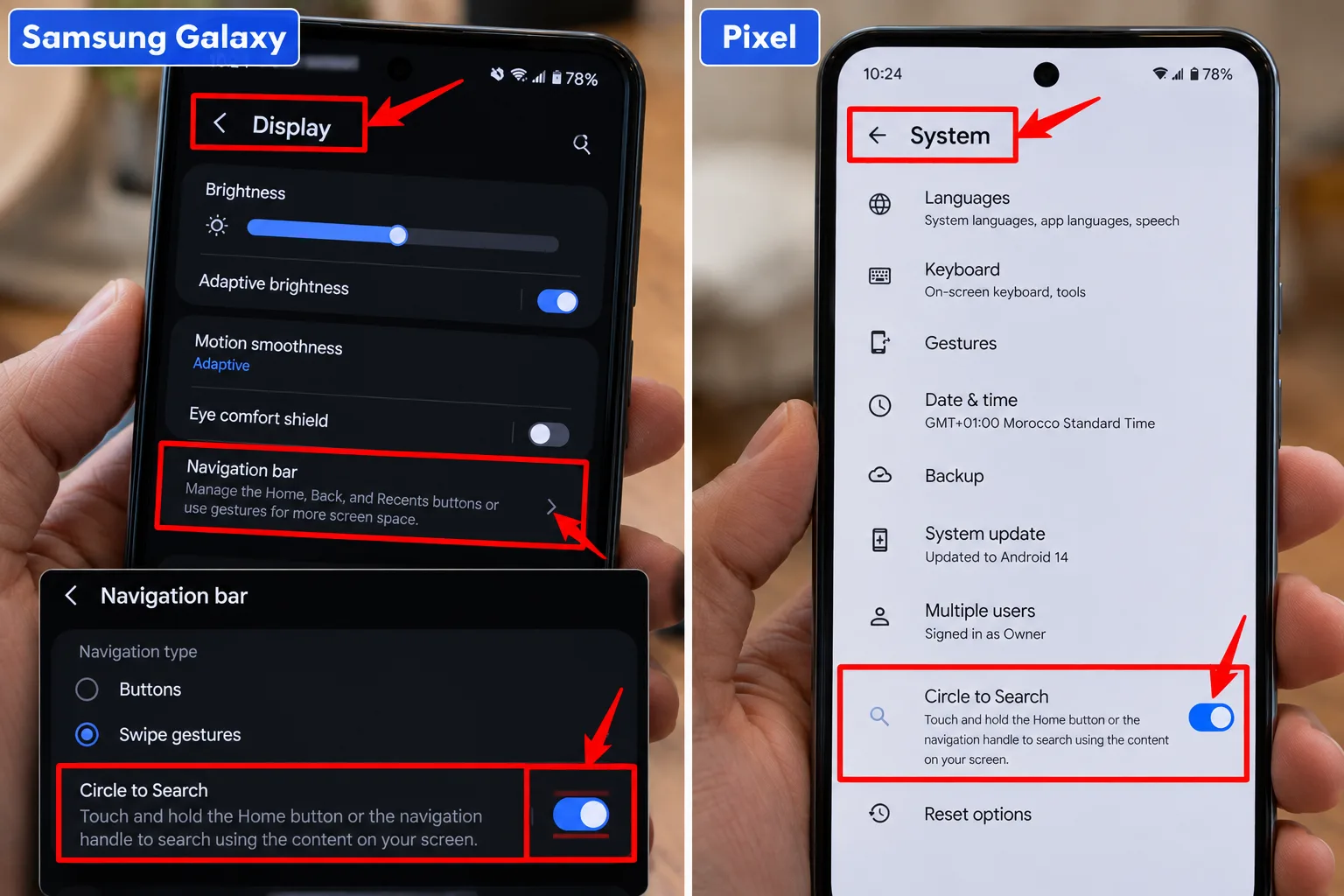 A phone settings screen showing the Circle to Search toggle and the menu path, account details blurred