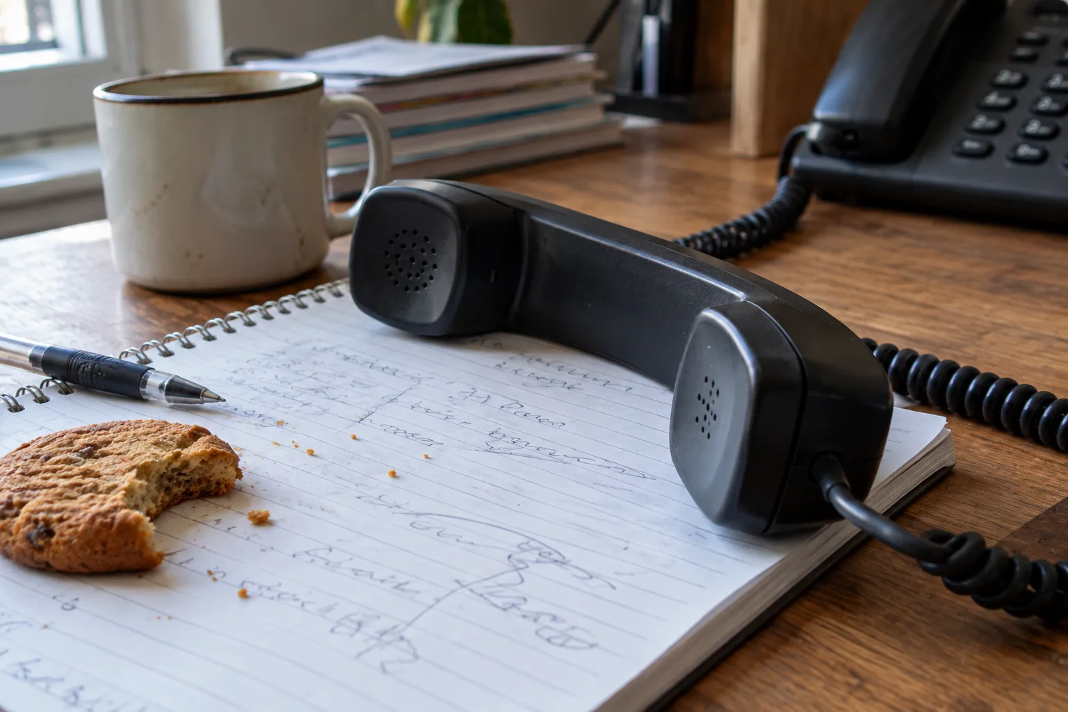 A corded desk phone handset resting on a notepad of scribbled lines beside a half-eaten biscuit