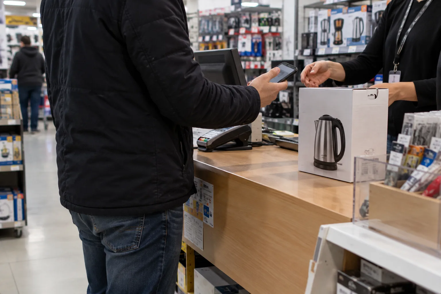 A customer seen from behind at a store service counter showing a phone to an assistant