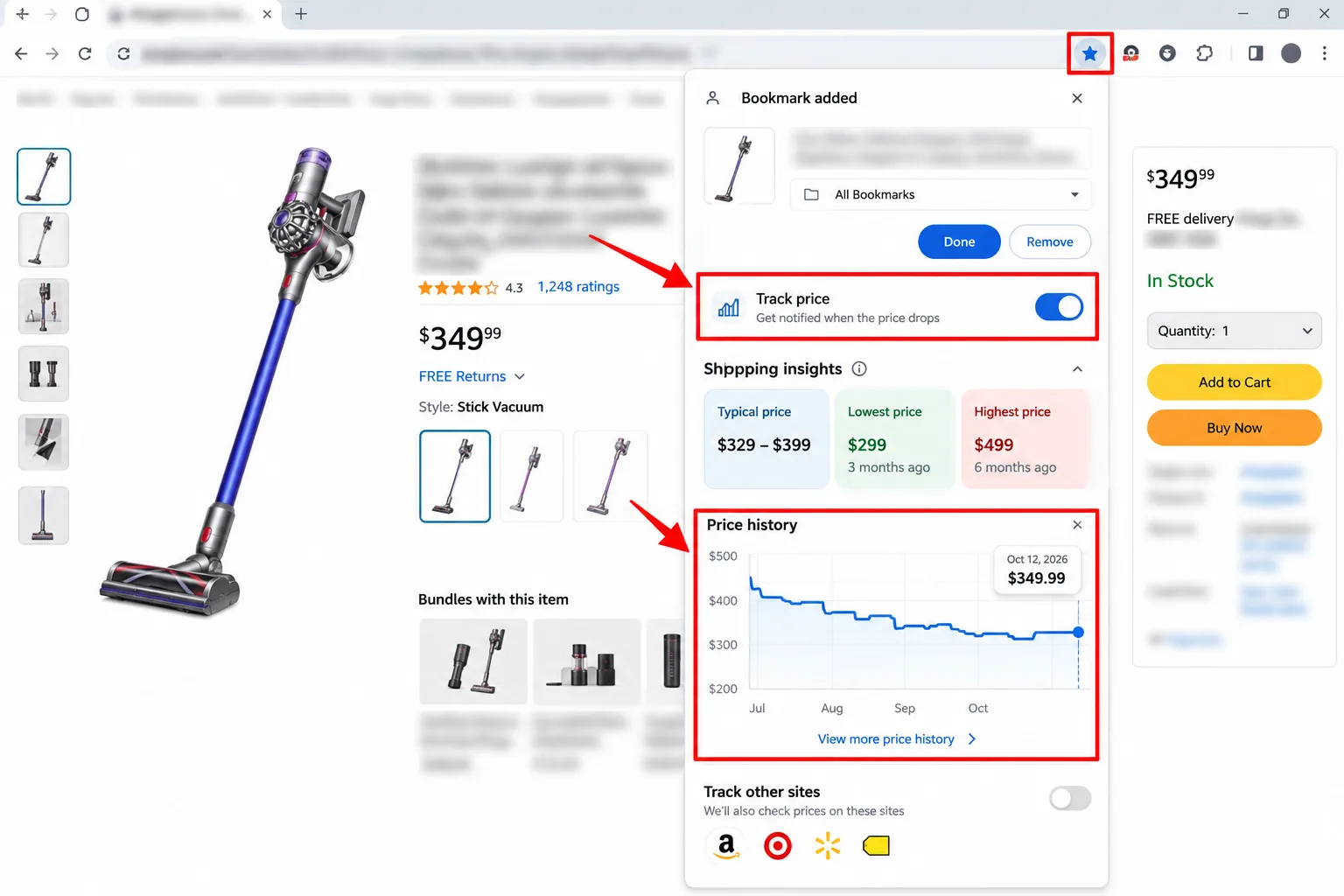 Chrome's bookmark panel with Track price switched on beside the Shopping Insights price history