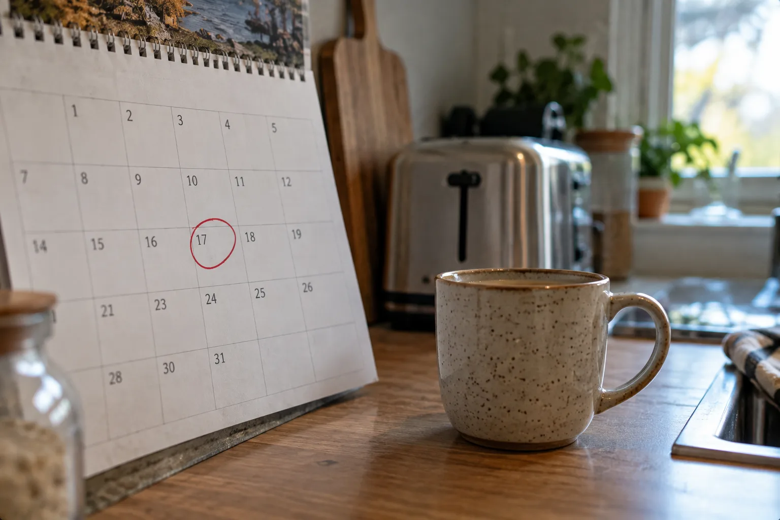 A wall calendar with one date circled in red pen beside a ceramic mug on a kitchen worktop