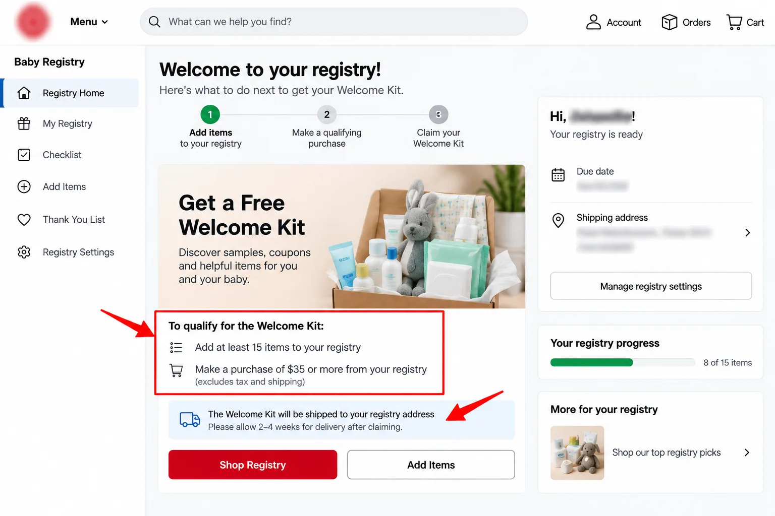 A baby registry dashboard showing the welcome kit conditions and shipping note, personal details blurred