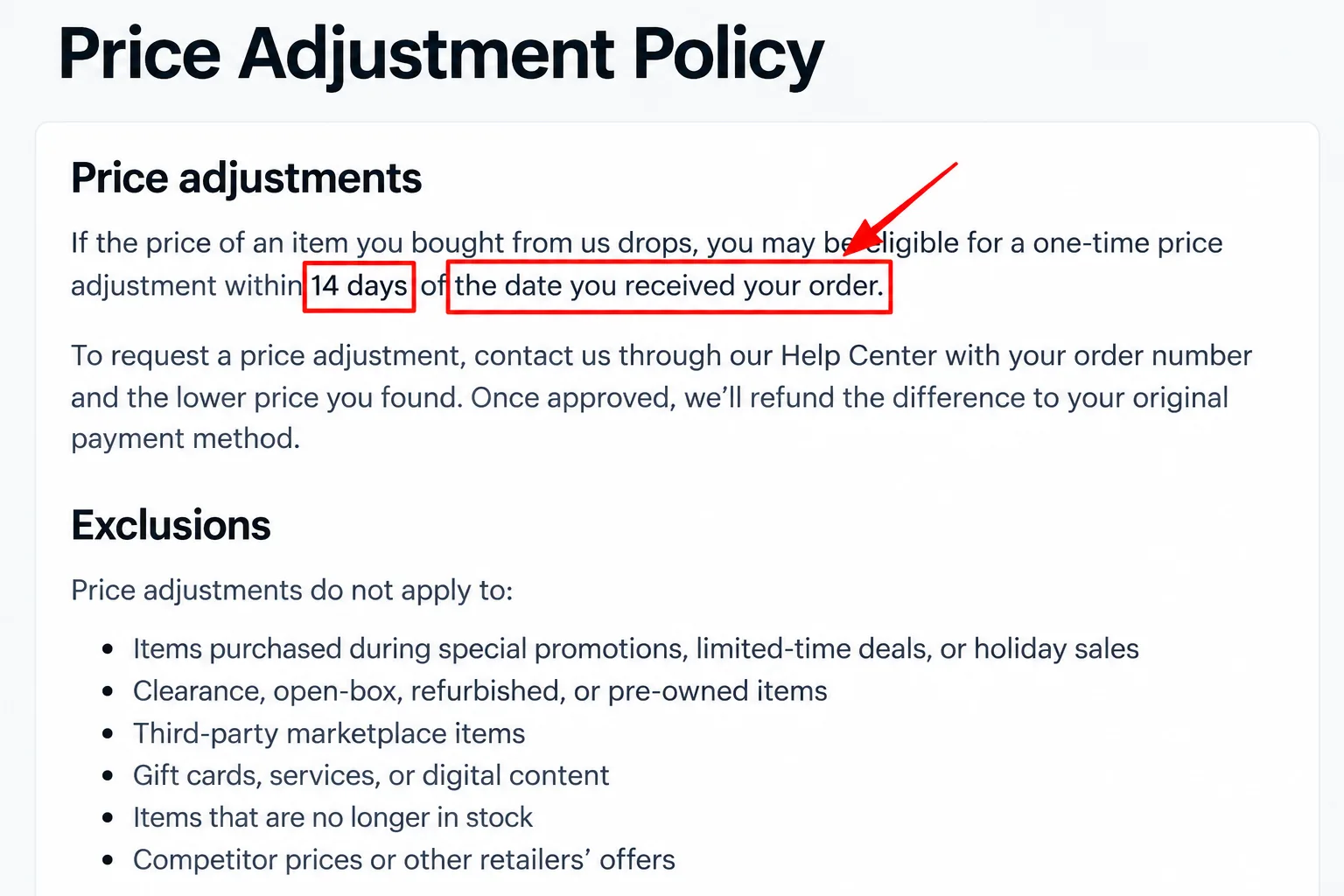 A store's price adjustment policy page cropped to the time window, with the number of days boxed