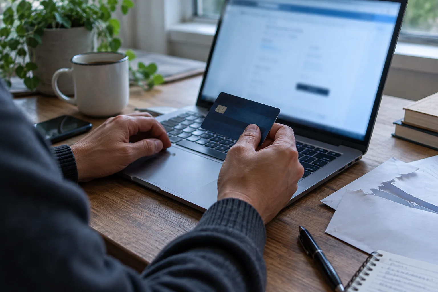 A hand holding a credit card above an open laptop keyboard, a pen and torn envelope nearby, cool window light