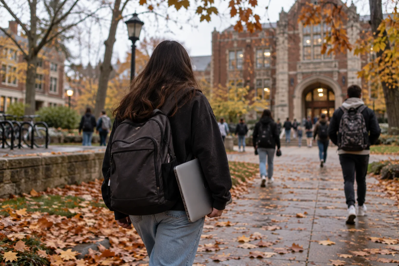 A student seen from behind on an autumn campus path with a laptop under one arm and a backpack