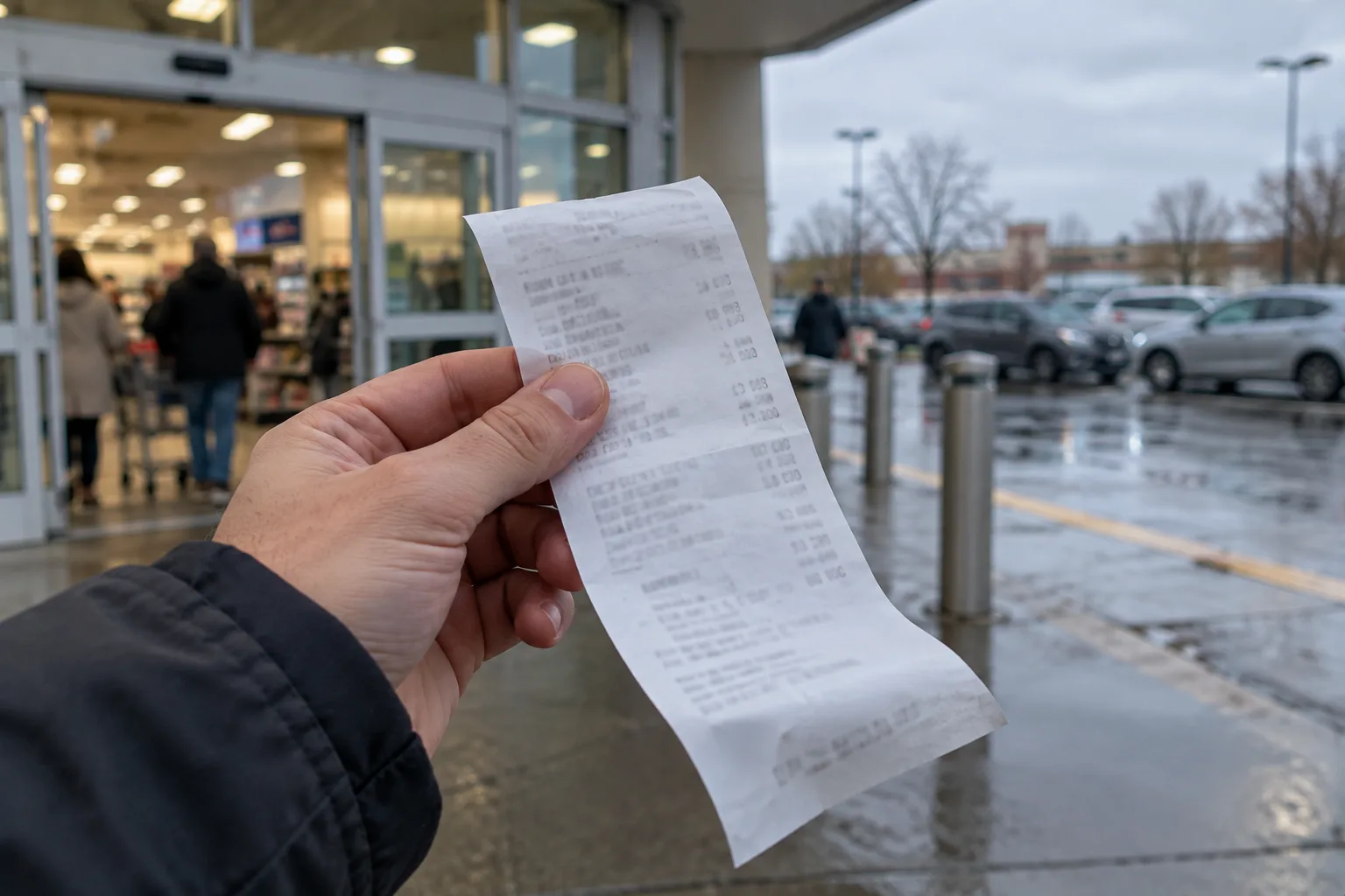 A paper receipt pinched between two fingers, curling in the wind in front of a blurred shop entrance
