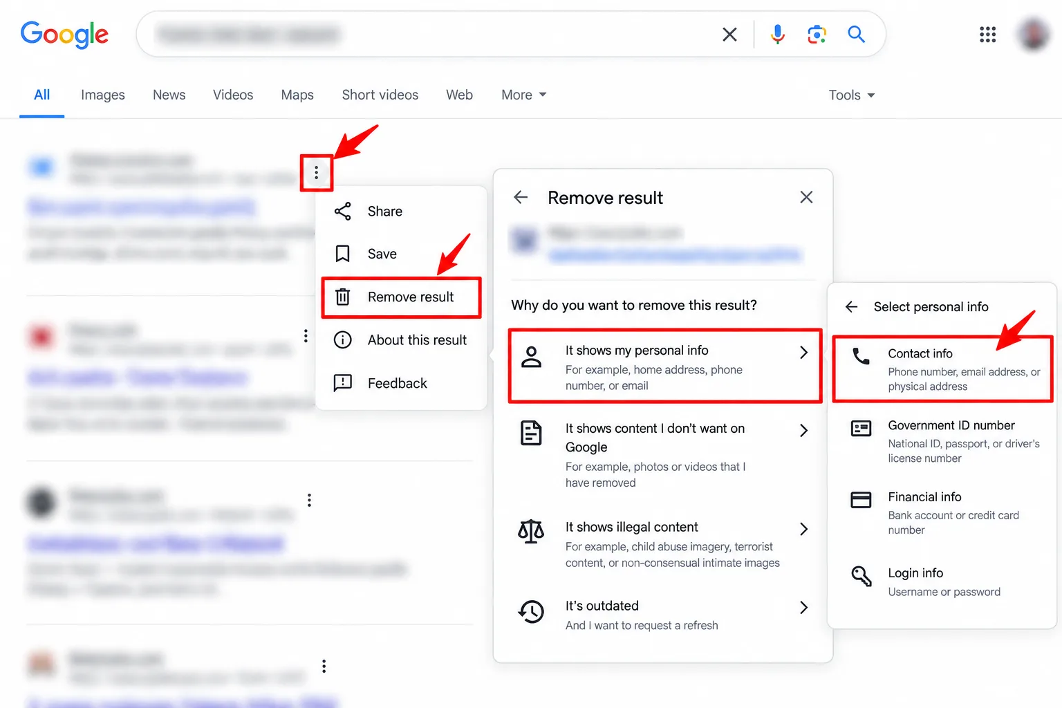 The Remove result menu in Google Search with the personal info options marked and details blurred