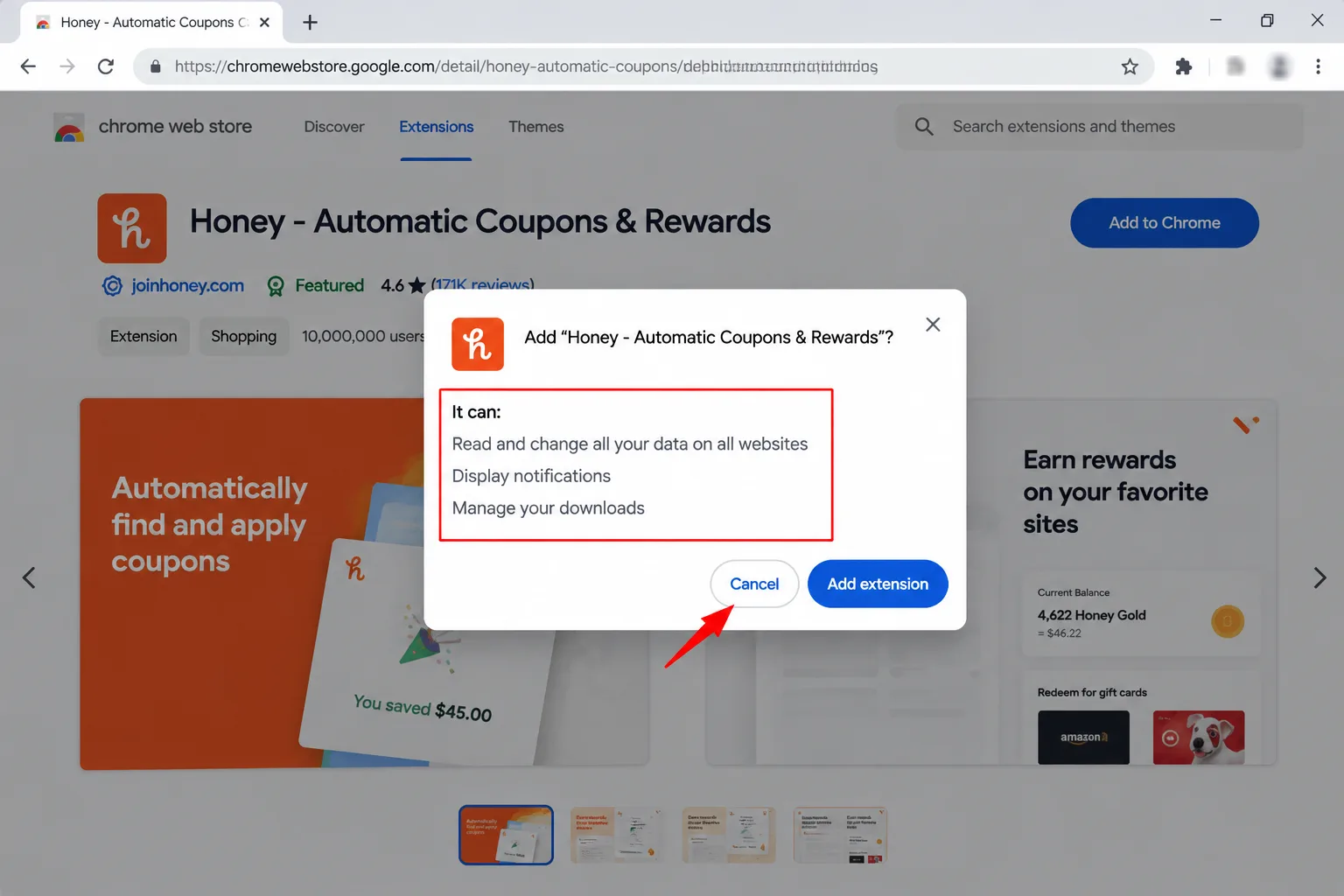 A browser prompt for adding a coupon extension, showing its access wording and a Cancel button