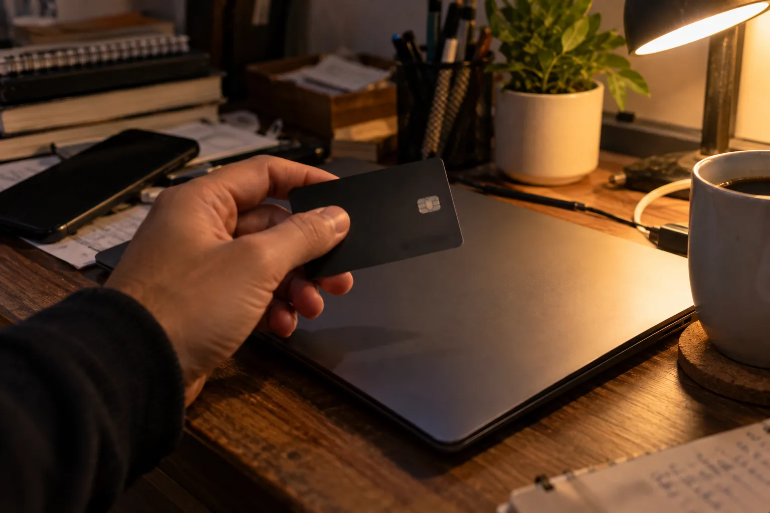 A hand holding a dark bank card above a closed laptop on a cluttered desk under a lamp at night