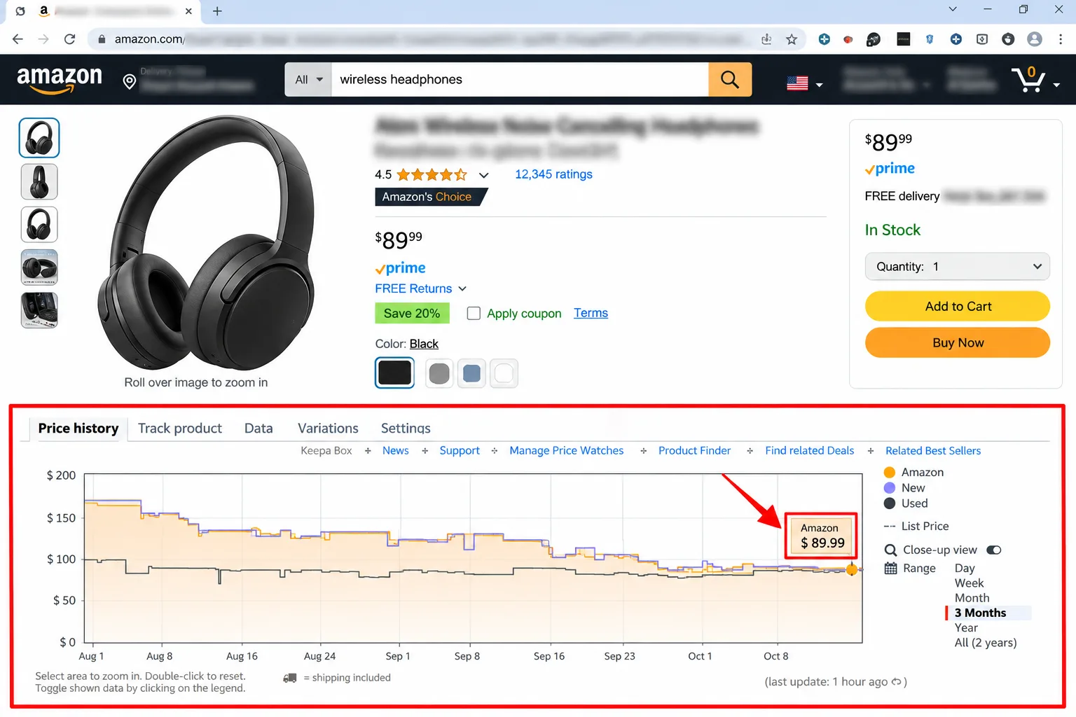 An Amazon product page with a Keepa price history chart, the date range and current price marked