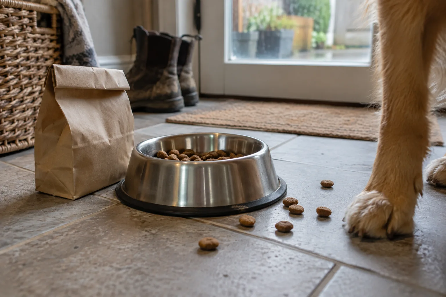 A steel dog bowl on grey kitchen tiles with scattered kibble, a folded paper bag and a dog's paw at the edge