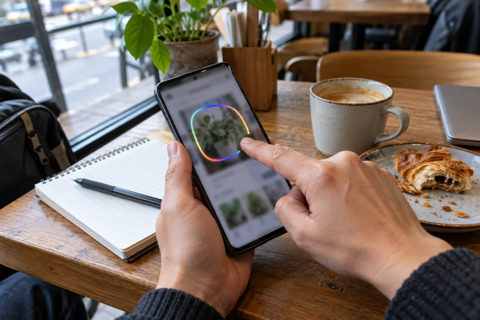 A phone held over a cluttered cafe table, a glowing outline on its blurred screen, a pastry and a notebook