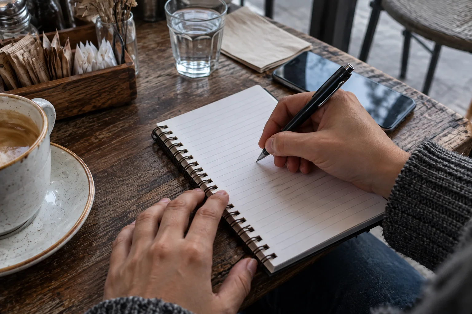 Hands writing a list in a spiral notebook on a cafe table beside a coffee cup