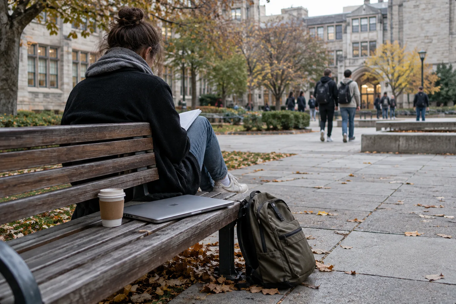 A student seen from behind on a campus bench with a backpack and a paper cup beside a closed laptop