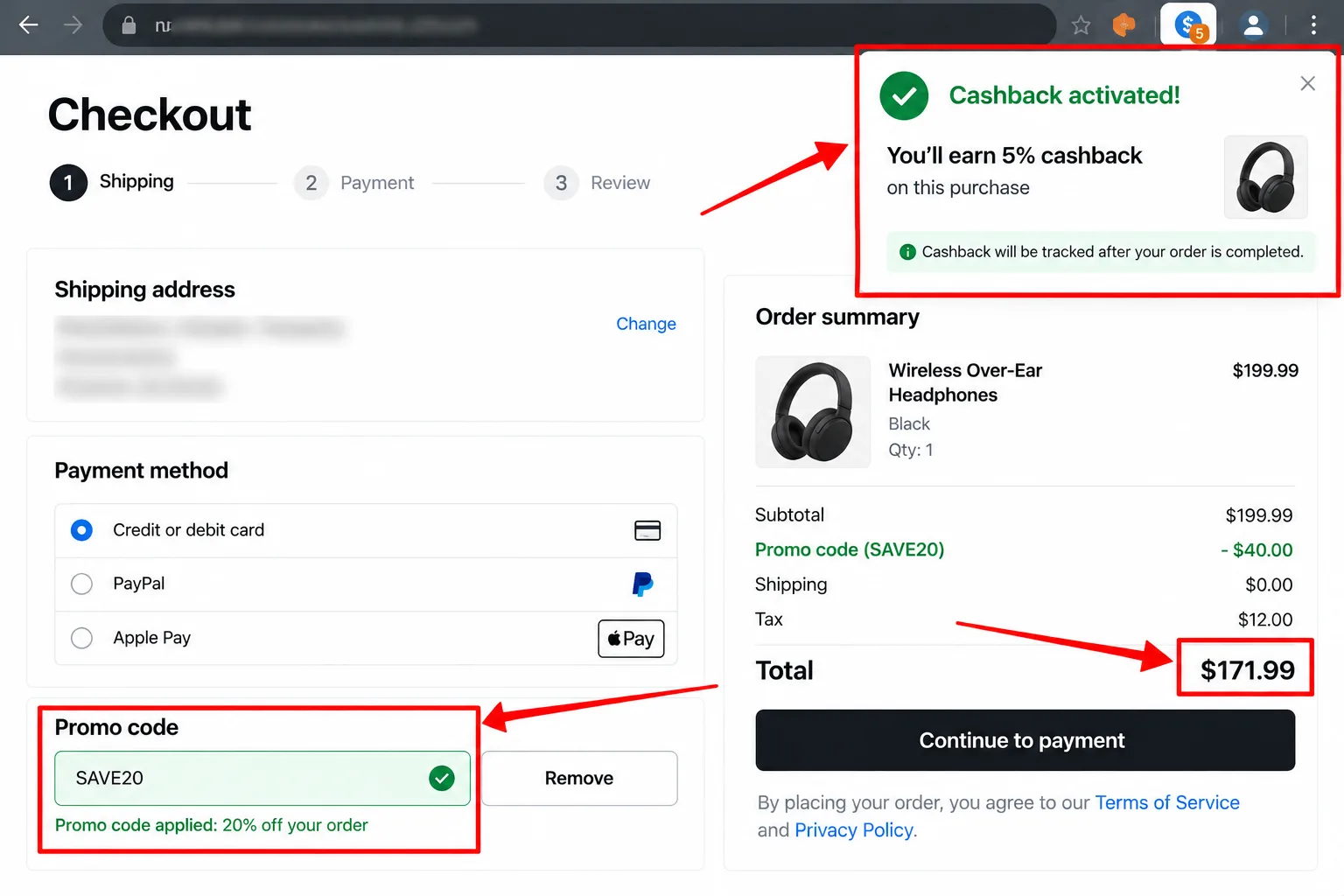 A checkout page with a coupon applied, the new total and a cashback banner, personal details blurred