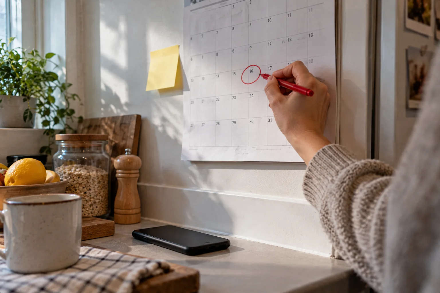 A kitchen wall calendar with one date circled in red pen, a sticky note and a hand holding the pen