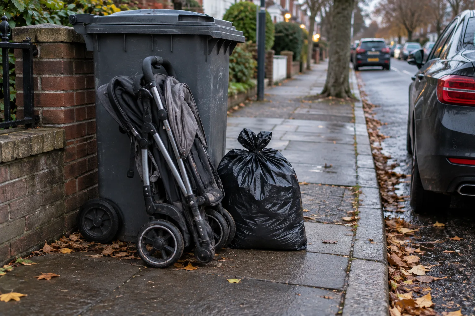 A folded pushchair leaning against a grey wheelie bin at the kerb on a wet evening