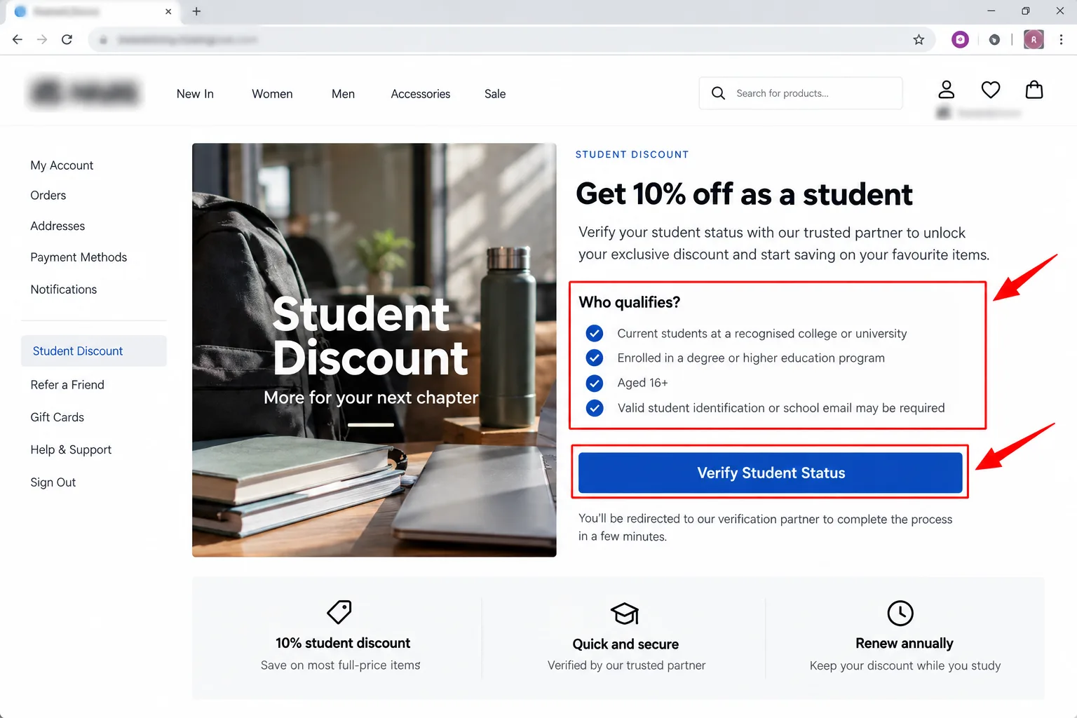 A retailer's student discount page showing eligibility requirements and a verify button, details blurred