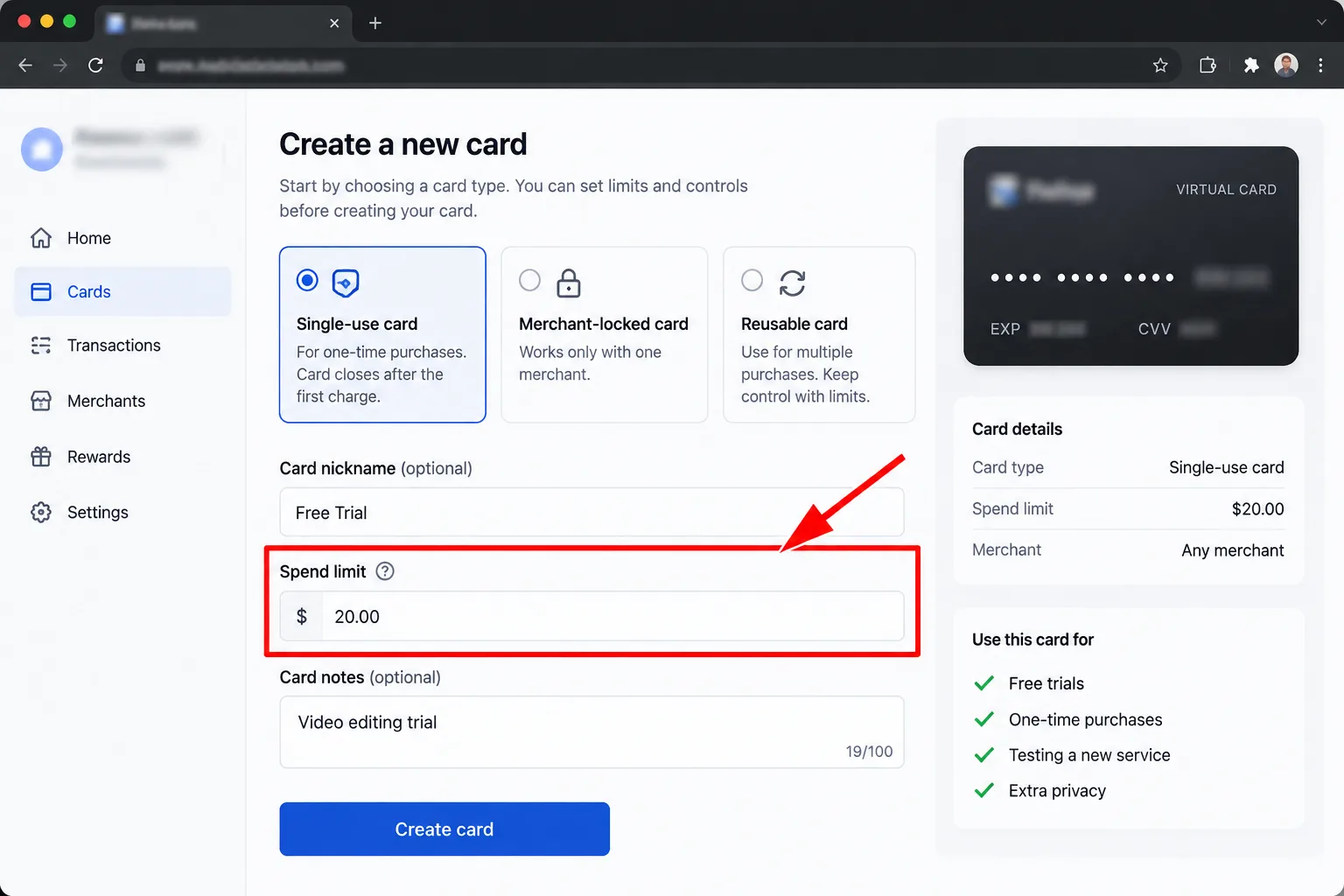 A virtual card creation screen showing the card type and spend limit fields, personal details blurred