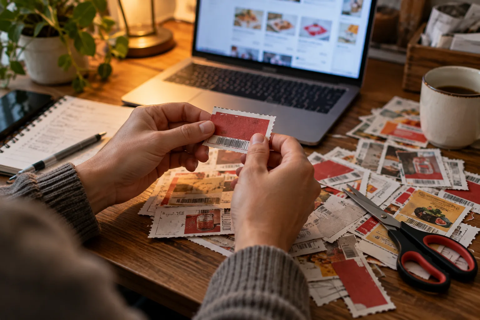 A desk with clipped paper coupons and scissors, one slip pinched between two fingers, a laptop glowing behind