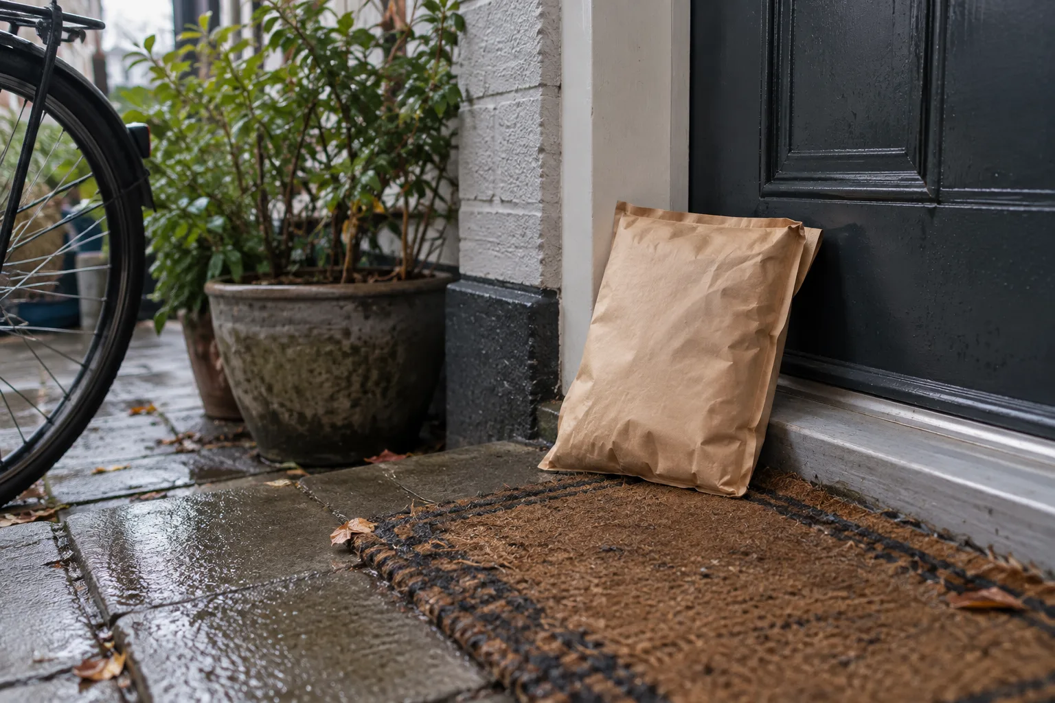A kraft padded mailer leaning against a front door beside a worn doormat