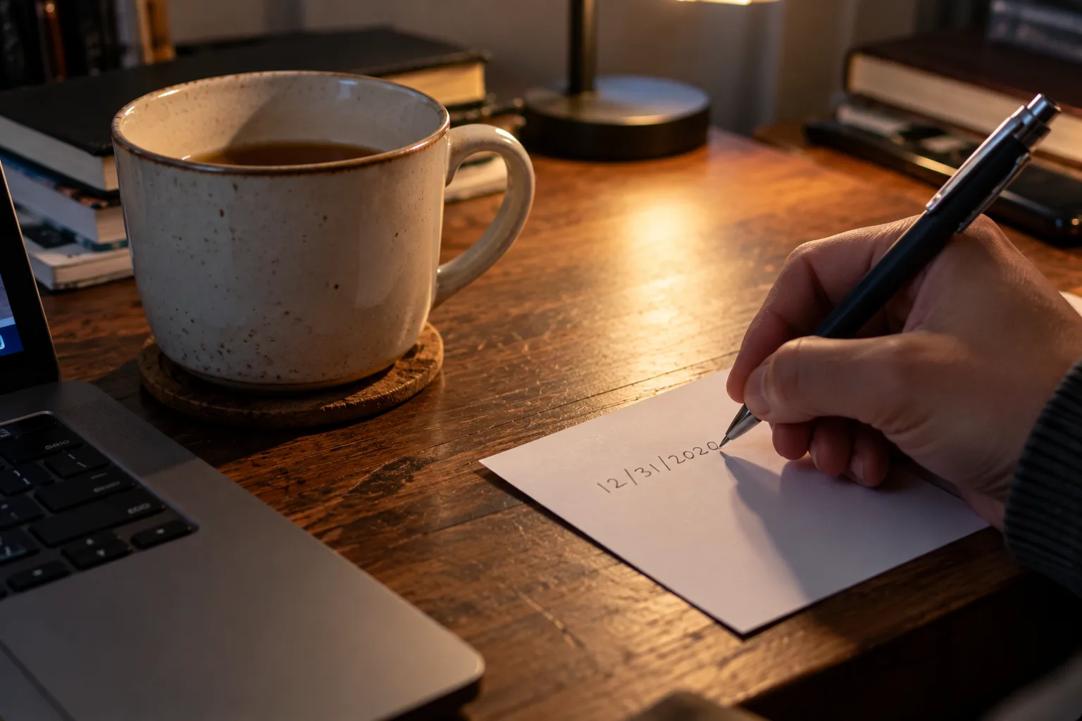 A hand writing a date on a white index card beside a mug of tea under a desk lamp