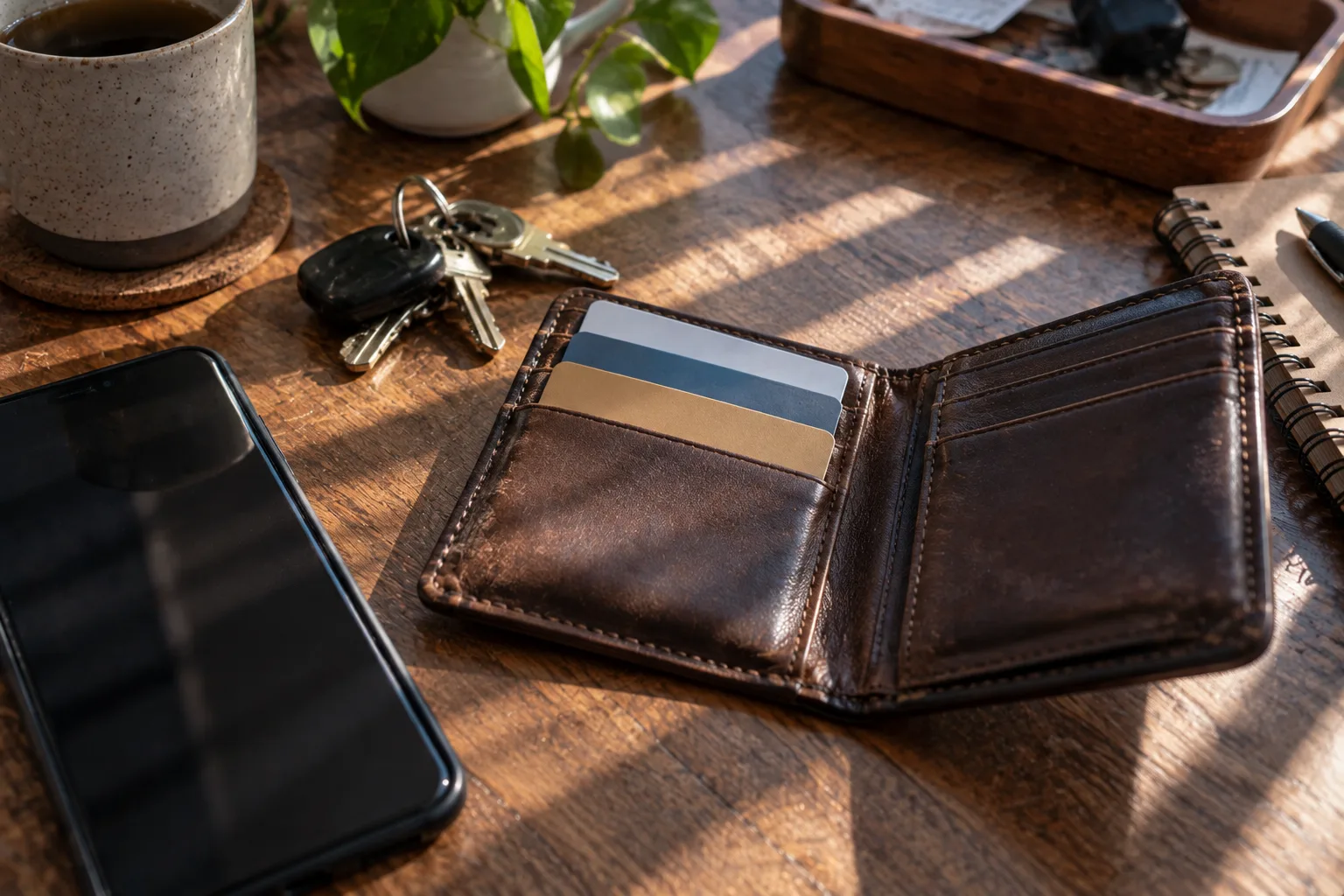 An open wallet on a table beside house keys and a phone, three blank cards peeking out, striped light