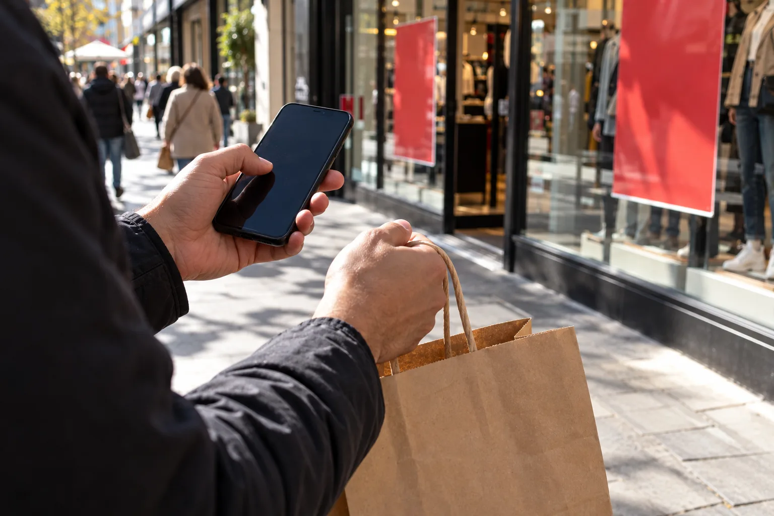A hand holding a phone and a small paper shopping bag on a sunny shopping street with blurred sale posters