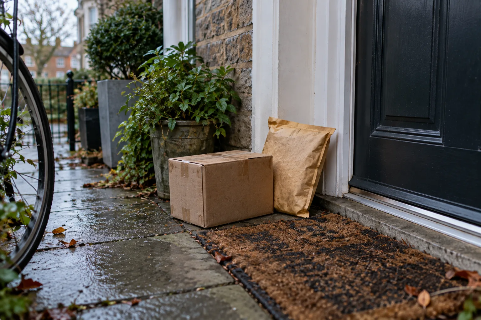 A padded mailer and a small cardboard box on a front doorstep beside a worn doormat on a damp morning