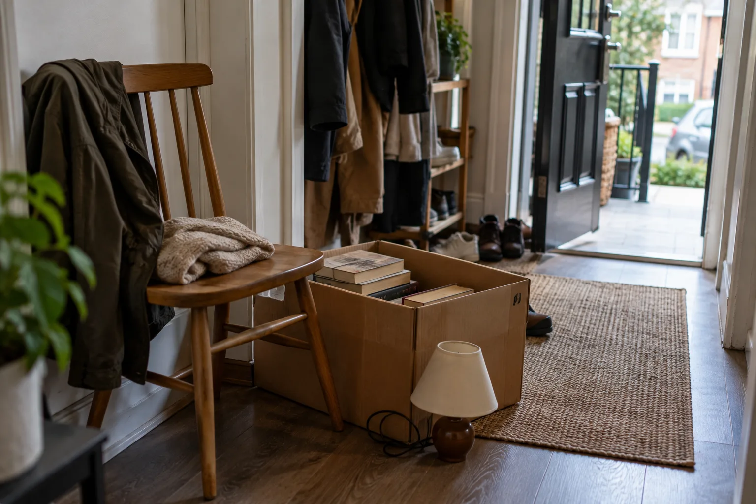 A wooden chair, a box of paperbacks and a table lamp in a narrow hallway beside an open front door