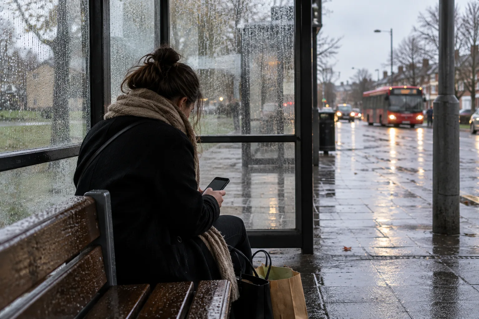 A woman seen from behind in a bus shelter looking down at a phone held low in grey rainy light