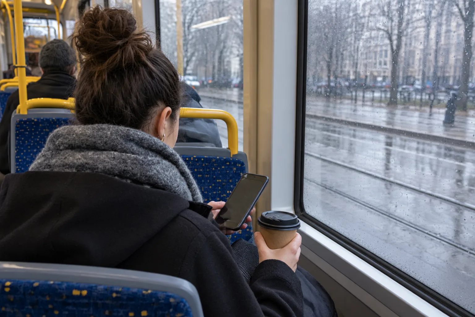 A person seen from behind on a tram seat holding a phone low beside a rain-streaked window