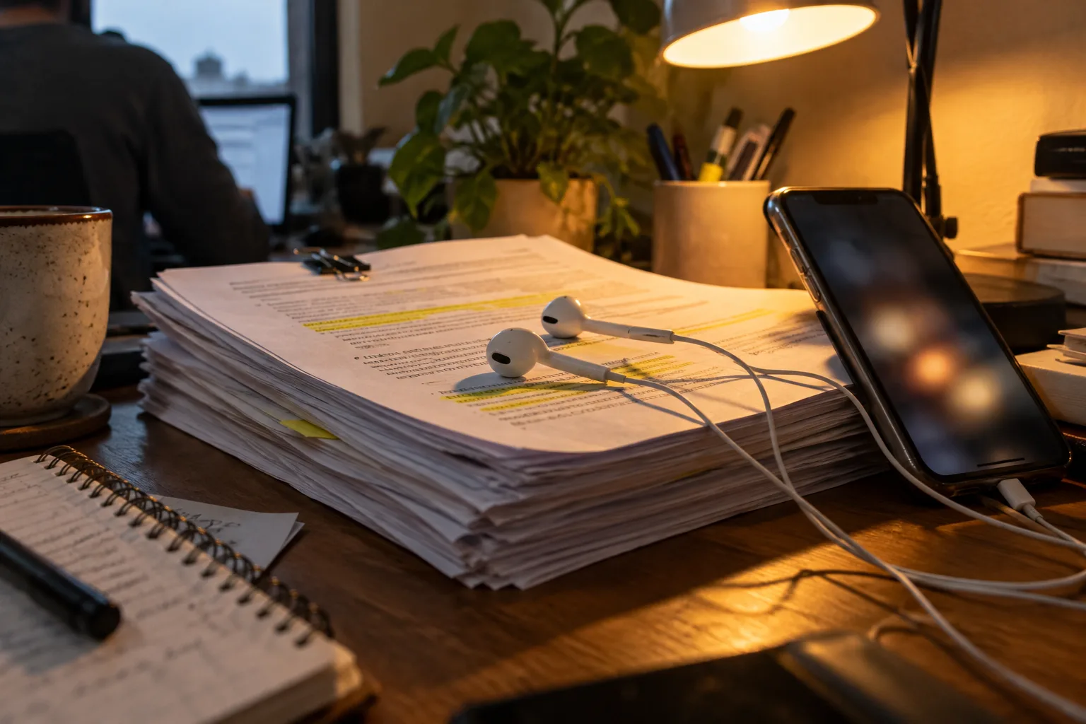 Wired earbuds on a thick stack of highlighted pages with a phone leaning against it under one warm lamp