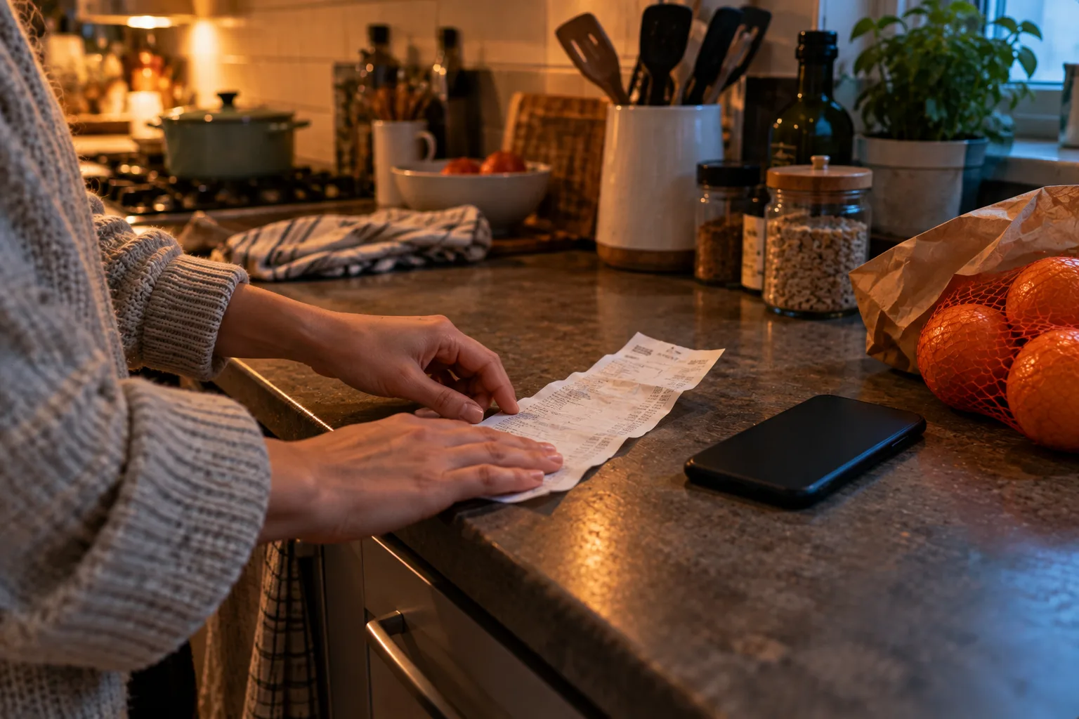 Hands smoothing a crumpled grocery receipt flat on a kitchen counter beside a face-down phone