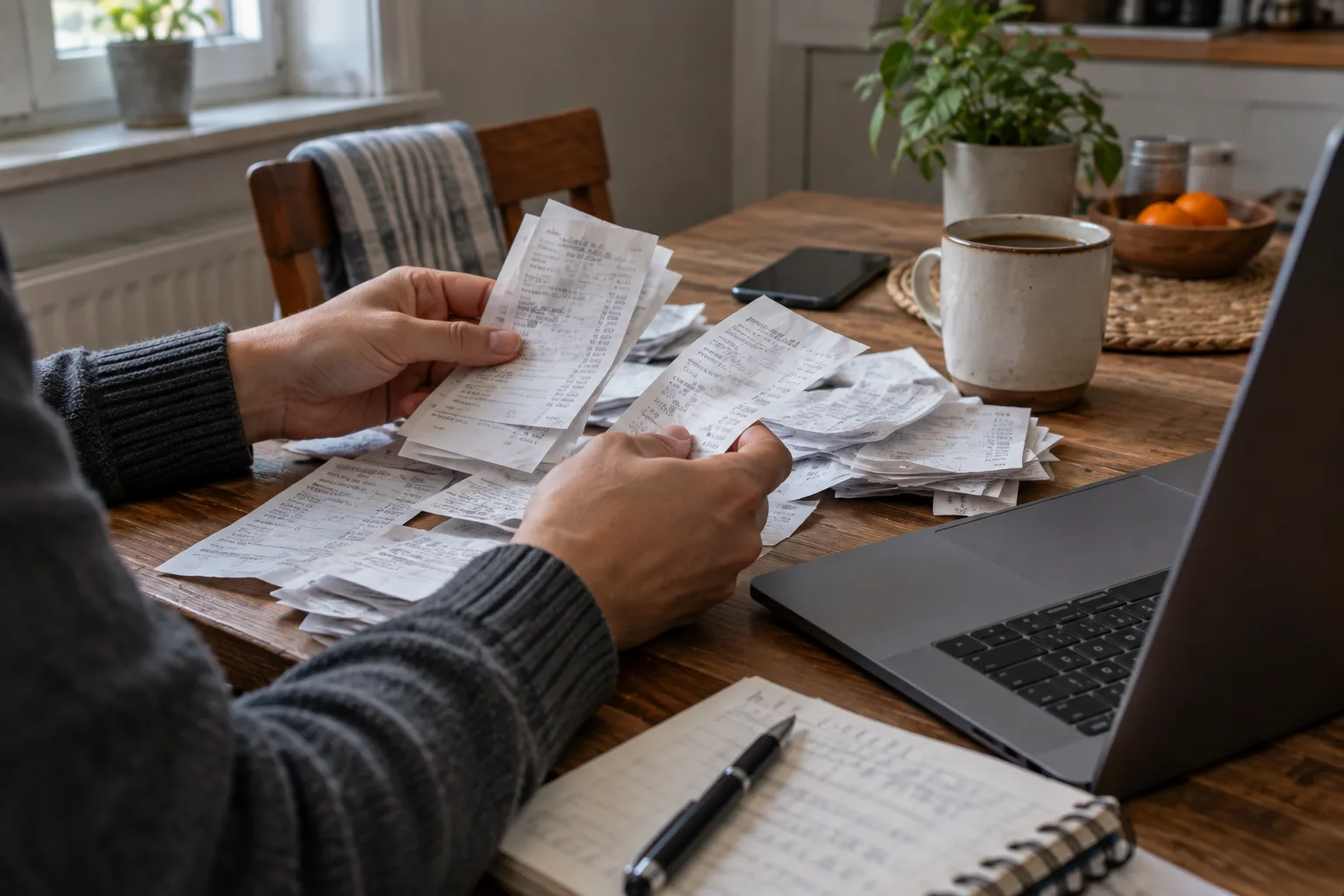 A pair of hands sorting paper receipts beside a mug and an open laptop with its screen turned away