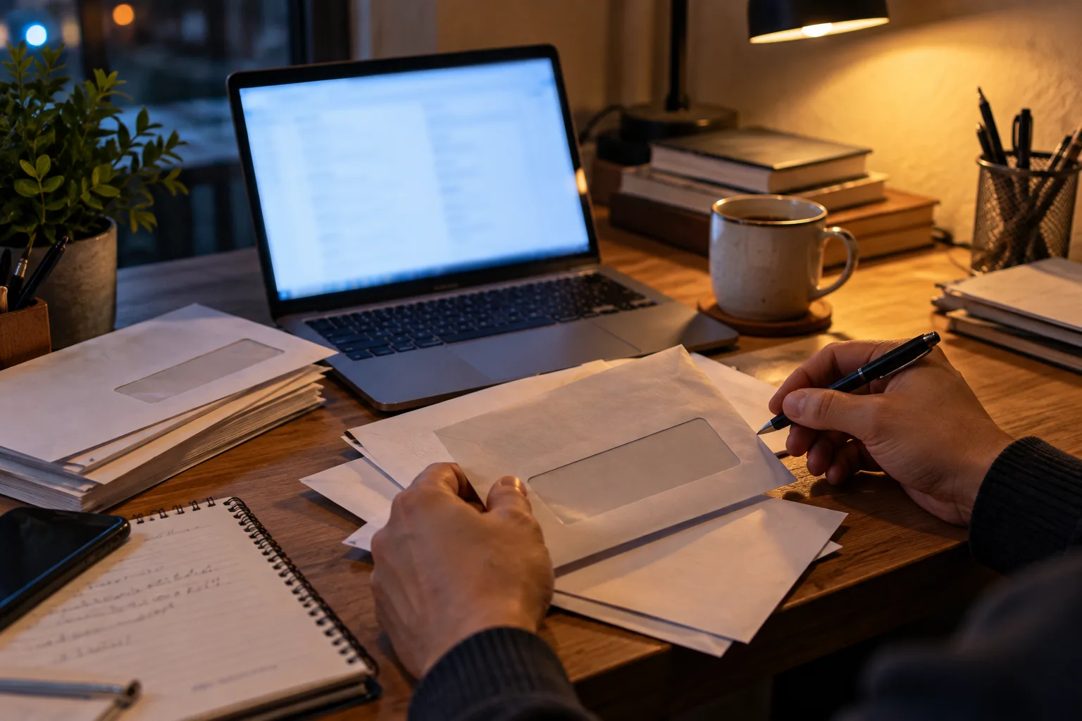 A laptop glowing softly on a desk beside a mug and unopened window envelopes, a hand holding a pen over one