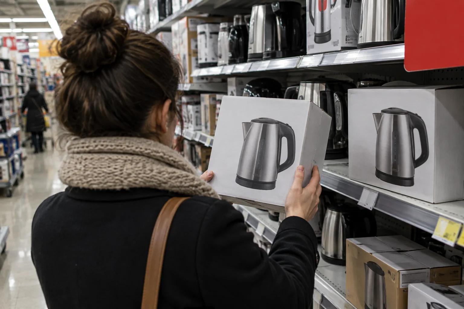 A shopper seen from behind in a store aisle holding a boxed kettle beside an identical box on a shelf