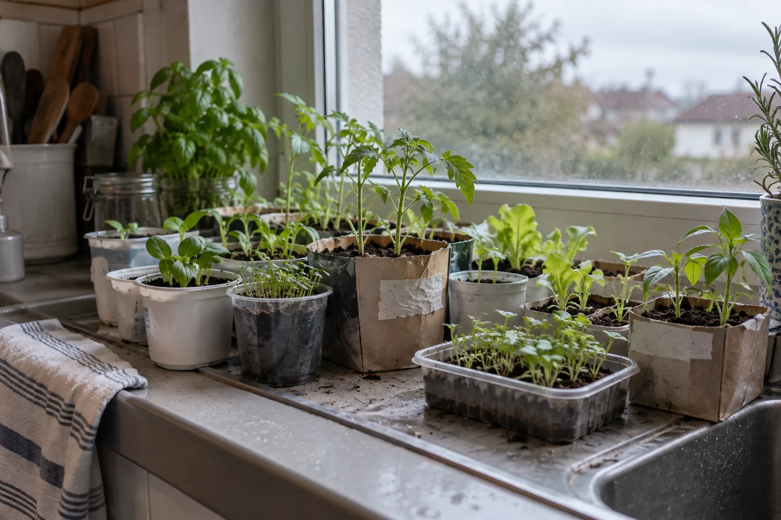 A kitchen windowsill crowded with mismatched pots of seedlings, one with a torn paper label