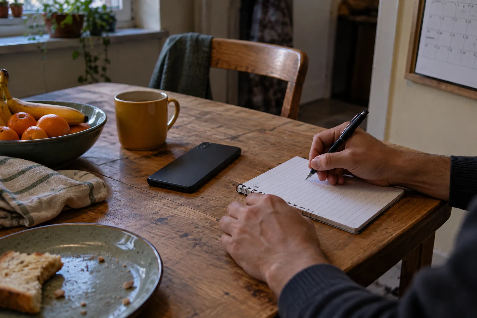 Hands writing a short list on a notepad at a kitchen table beside a face-down phone and a wall calendar