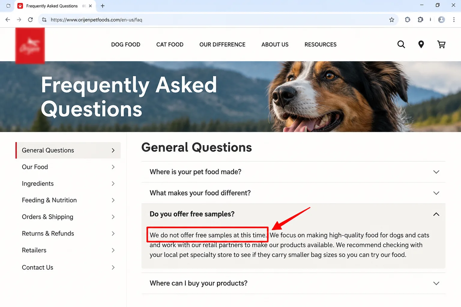A dog food brand's FAQ page with the answer about samples boxed