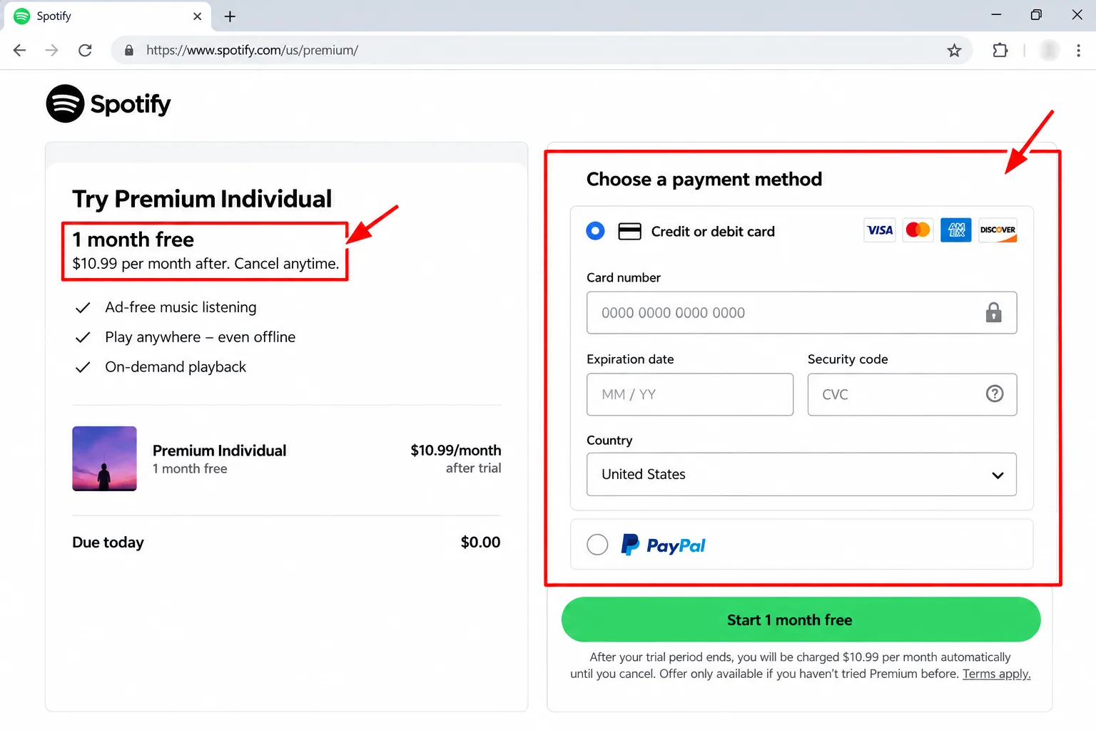 Spotify's Premium sign-up payment step showing the free-trial line, with personal details blurred