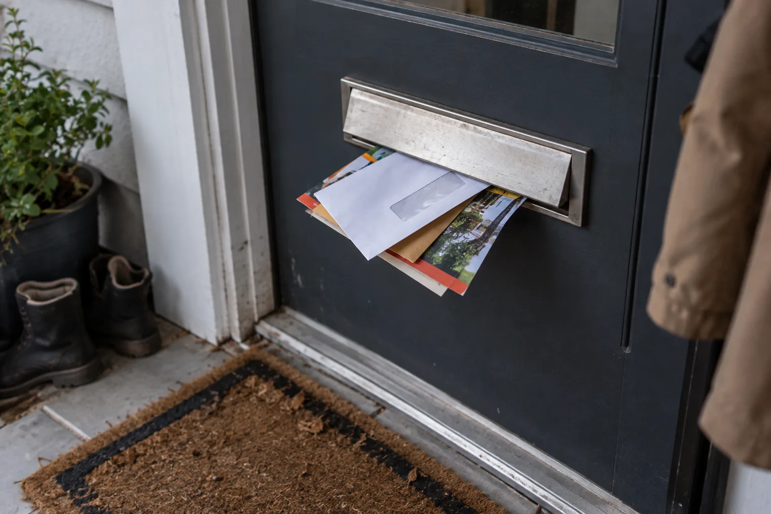 A front-door letterbox with flyers and a window envelope jammed halfway through above a worn doormat