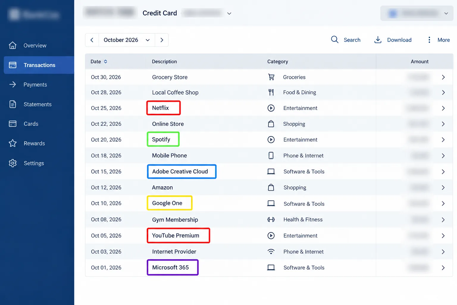 A bank statement transaction list with repeat merchant names highlighted and amounts blurred