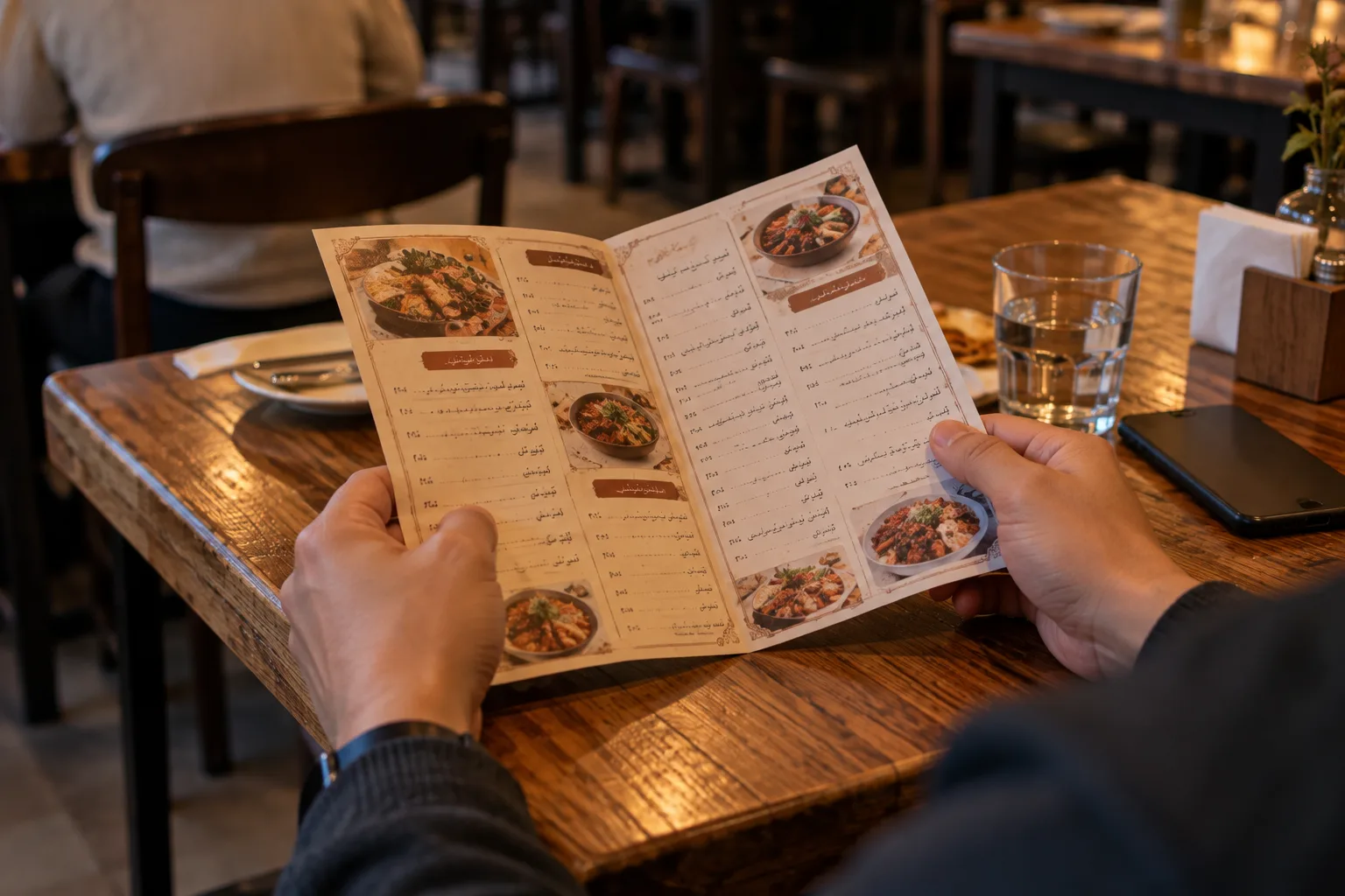 Two hands holding a folded printed menu in an unfamiliar script above a restaurant table